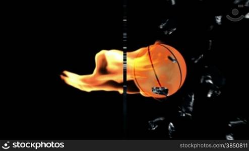 Basketbal on fire breaking glass, side view, Alpha
