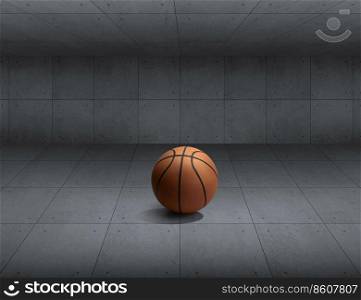 Basketball balls for sports and games in empty room with concrete floor with a dark cement wall