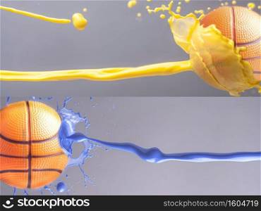 Basketball balls with yellow and blue paint splashes.Collage. Basketball balls with yellow and blue paint splashes