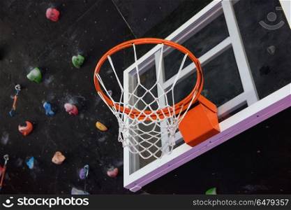 Basketball basket closeup. Basketball basket in the modern gym