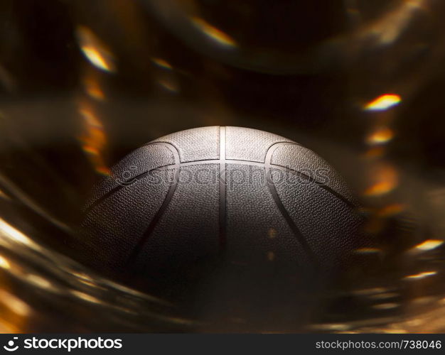 Basketball close-up on black background with bokeh, spotlights and fire