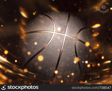 Basketball close-up on black background with bokeh, spotlights and fire