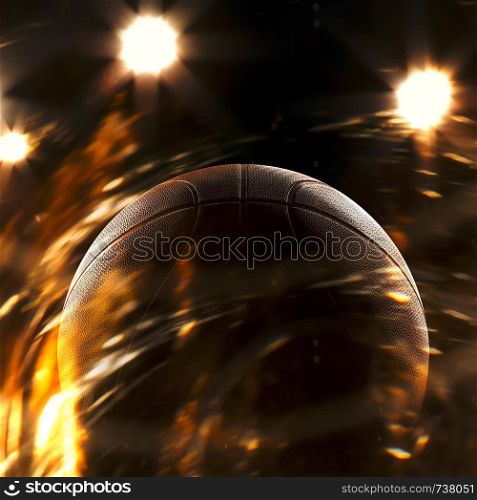 Basketball close-up on black background with bokeh, spotlights and fire