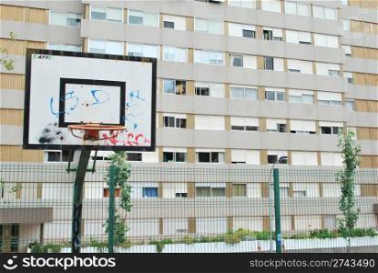 basketball court in a poor urban area