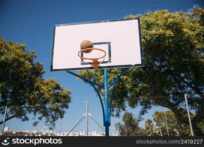 basketball falling into hoop blue sky