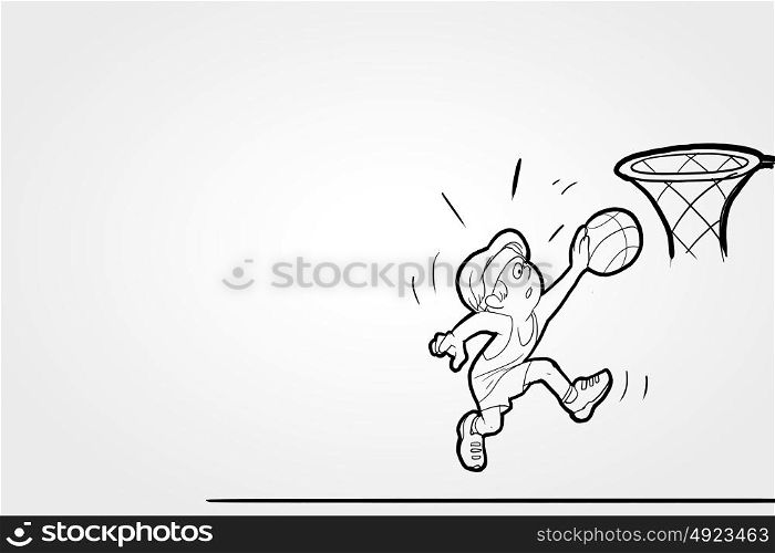 Basketball game. Funny caricature of basketball player putting ball in basket