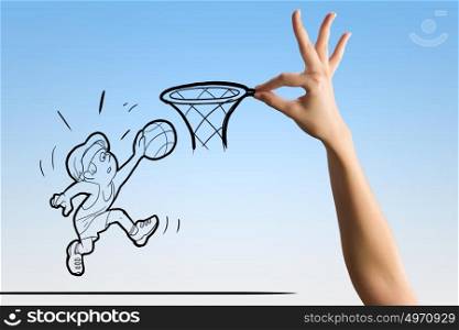 Basketball game. Funny caricature of basketball player putting ball in basket