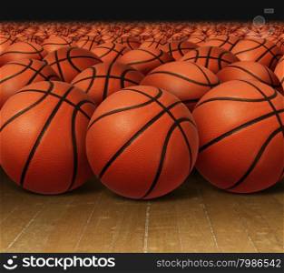 Basketball group on a hardwood court floor as an infinite background for sports and fitness symbol of a team leisure activity playing with leather balls for dribbling and passing in competition tournaments.