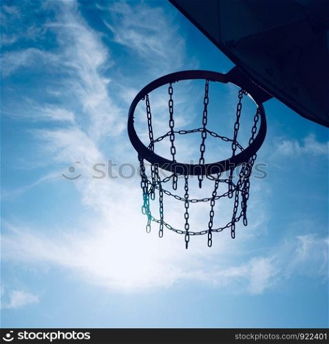 basketball hoop and blue sky in the street