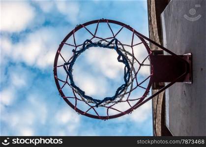 Basketball hoop. view of an old basketball hoop from below