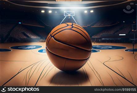 Basketball in an arena bokeh blur background. Generative AI.