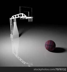 Basketball in front of a basket, White reflecting field, 3d render, square image