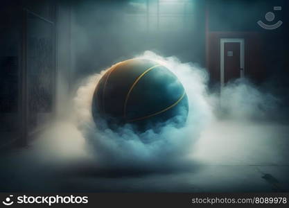 Basketball on Court Floor close up with blurred arena in background. Neural network AI generated art. Basketball on Court Floor close up with blurred arena in background. Neural network generated art