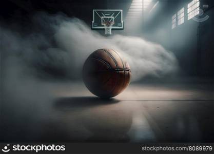 Basketball on Court Floor close up with blurred arena in background. Neural network AI generated art. Basketball on Court Floor close up with blurred arena in background. Neural network generated art