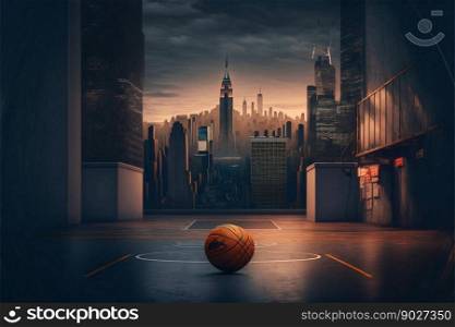 Basketball on the floor, New York City background. Generative AI. High quality illustration. Basketball on the floor, New York City background. Generative AI