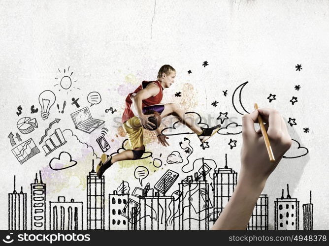 Basketball player. Young man basketball player dribbling ball against white background