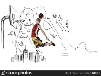 Basketball player. Young man basketball player throwing ball in basket