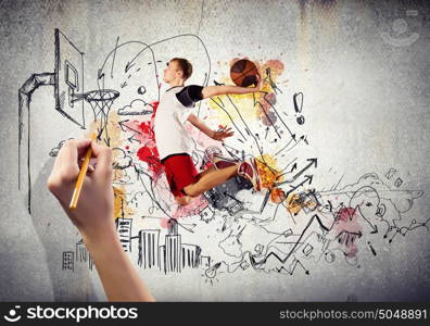 Basketball player. Young man basketball player throwing ball in basket