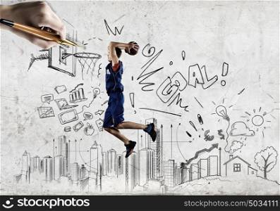 Basketball player. Young man throwing ball into basket in jump