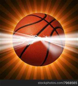 Basketball power as energy light bursting out of the ball as a sports symbol of extreme team game play for championships or tournaments.