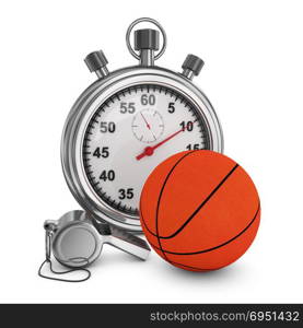 Basketball, referee whistle and stopwatch on a white background. 3d rendering.