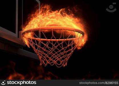 basketball sport, basket in orange fire on dark generative ai.