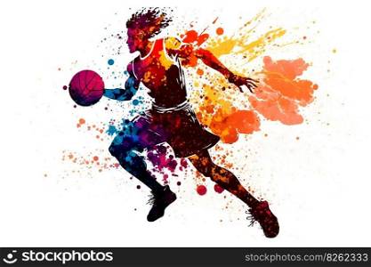 Basketball watercolor splash player in action with a ball isolated on white background. Neural network AI generated art. Basketball watercolor splash player in action with a ball isolated on white background. Neural network generated art