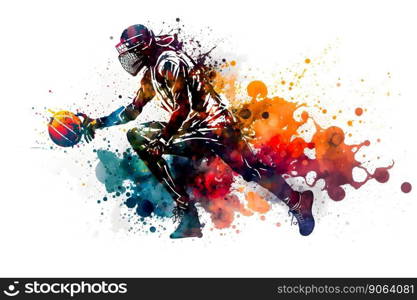 Basketball watercolor splash player in action with a ball isolated on white background. Neural network AI generated art. Basketball watercolor splash player in action with a ball isolated on white background. Neural network generated art