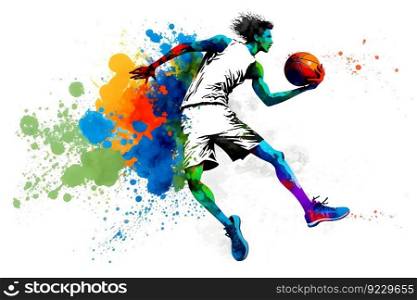 Basketball watercolor splash player in action with a ball isolated on white background. Neural≠twork AI≥≠rated art. Basketball watercolor splash player in action with a ball isolated on white background. Neural≠twork≥≠rated art