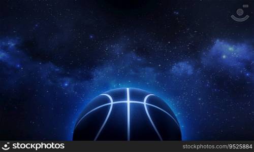 basketball with bright blue glowing neon lines floating in the Planet view from space