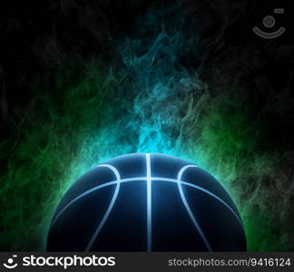 basketball with bright blue glowing neon lines on the color smoke background