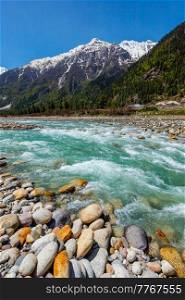 Baspa river in Himalayas mountains. Sangla Valley, Himachal Pradesh, India. Baspa river in Himalayas