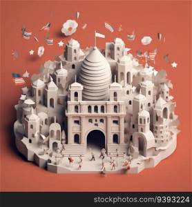 Bastille Day Extravaganza Minimalistic Paper Cut Craft Illustration in 3D Style. For print, web design, UI, poster and other.