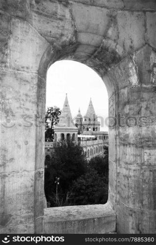 Bastion in the window. View of budapest from the fishermen&rsquo;s bastion