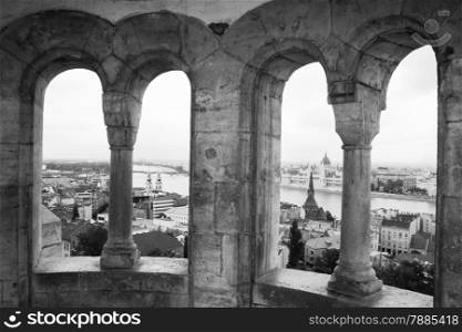 Bastion in the window. View of budapest from the fishermen&rsquo;s bastion