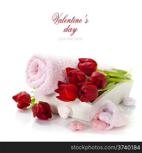 Bath and spa Valentine theme with towel, bath soaps and tulips (with easy removable text)