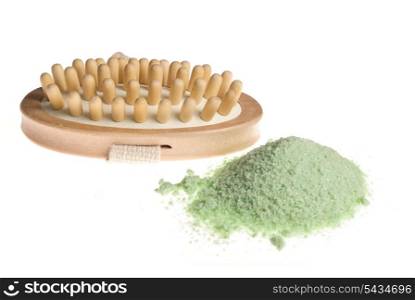 Bath anti-cellulitis spa massage brush and green sea salt isolated on white background