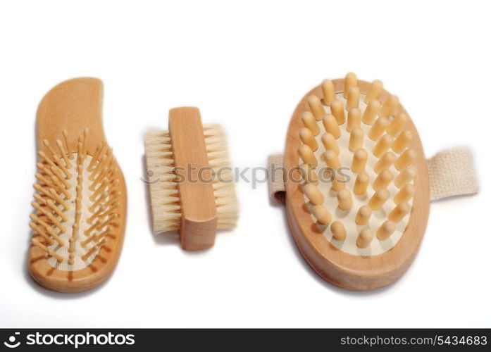 Bath anti-cellulitis spa massage kit with comb, hairbrush, brush isolated on white background. With shadow.