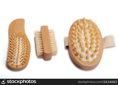 Bath anti-cellulitis spa massage kit with comb, hairbrush, brush isolated on white background. With shadow.