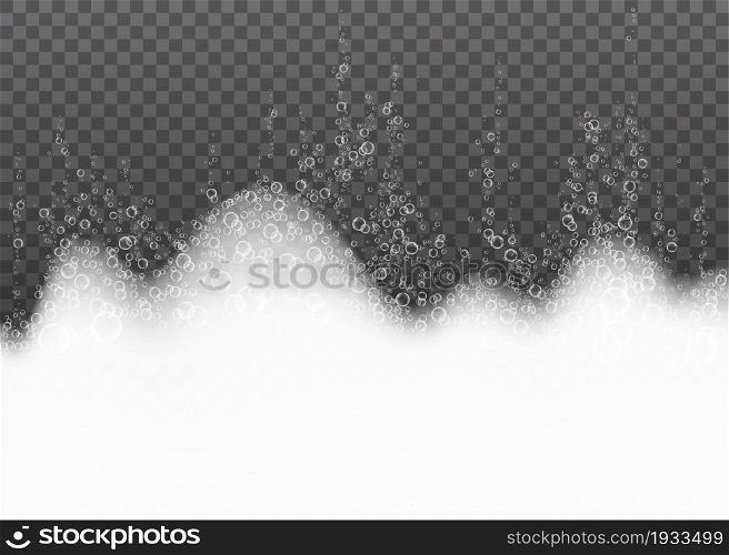 Bath foam with shampoo bubbles isolated on transparent background. Vector soap suds effect.