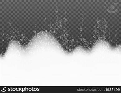 Bath foam with shampoo bubbles isolated on transparent background. Vector soap suds effect.