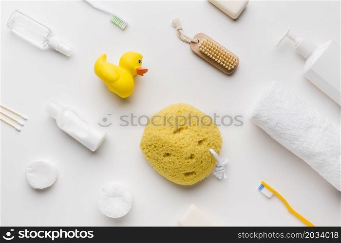 bath hygiene products arrangement top view