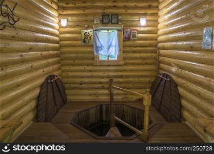 Bath room at the holy source of the Archangel Michael on the Klyuchka River in the city of Kostroma, Kostroma Region, Russia.