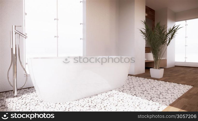 Bath room interior bathtub with wall white and wooden floor. 3d rendering