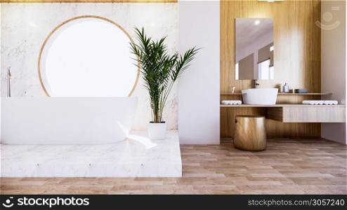 Bath room interior bathtub with wall white and wooden floor. 3d rendering