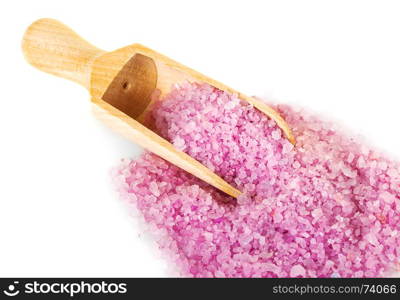 Bath salt with wooden scoop isolated on white background