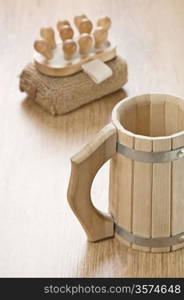 bath sponge massager and wooden mug