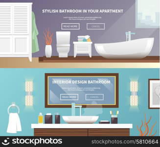 Bathroom furniture horizontal banner set with stylish apartment interior flat elements isolated vector illustration. Bathroom Furniture Banner