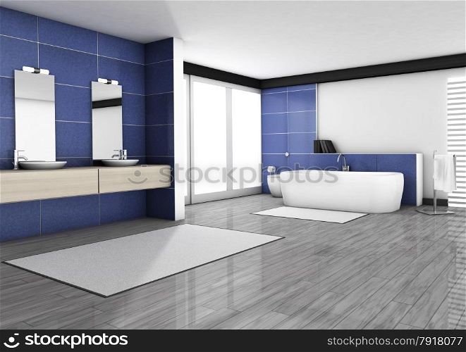 Bathroom home interior with modern fixtures, bathtub and contemporary design with blue granite tiles and gray wooden floor, 3d render.