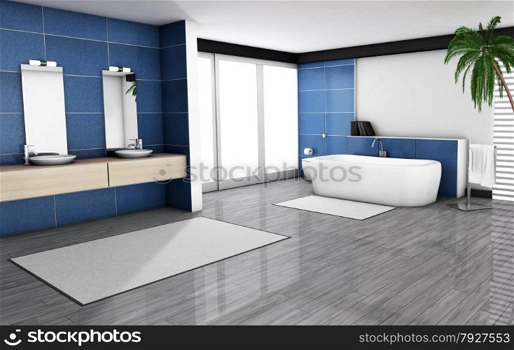 Bathroom home interior with modern fixtures, bathtub and contemporary design with blue granite tiles and wooden floor, 3d render.